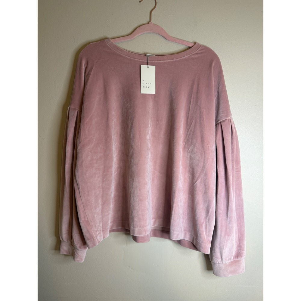 A New Day Pink Velvet Pleated Puff Sleeve Sweatshirt XXL NWT